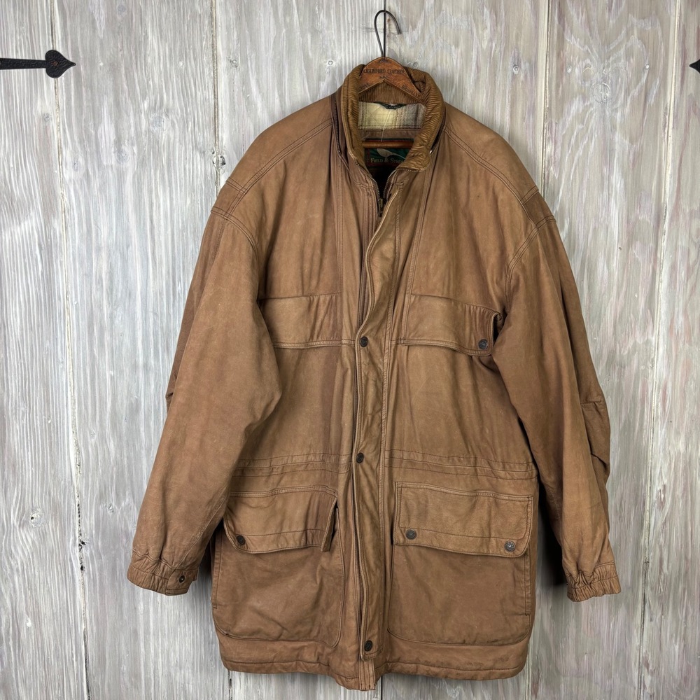 Vintage Field & Stream Mens XL Leather Field Chore Jacket Corduroy Lined Hunting